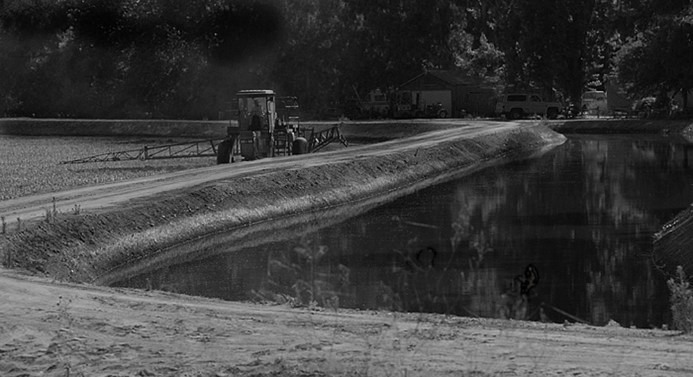 Near Armona, Calif. farmers work the land next to dozens of canals carving out thier farmland by the use of levees.